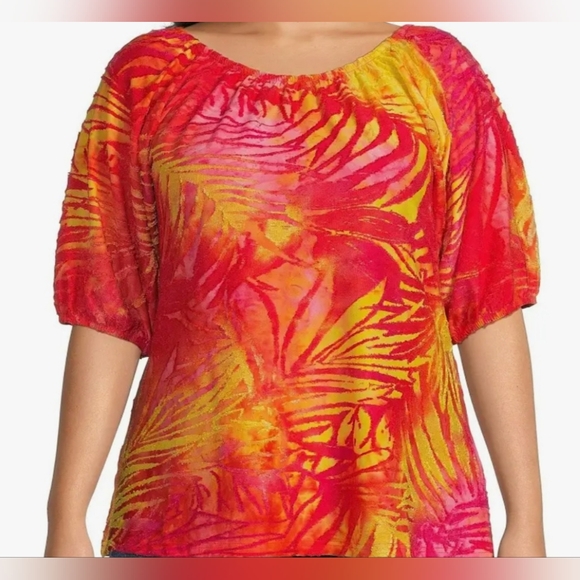 Calessa 3X Plus Womens Flocked Tie Dyed Short Sleeved Top - Picture 4 of 5